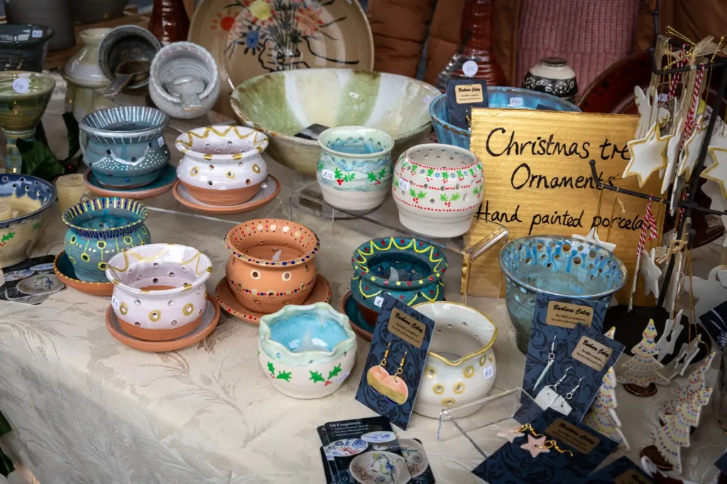 Handmade pottery on a market stall at the Ashdon Christmas Market