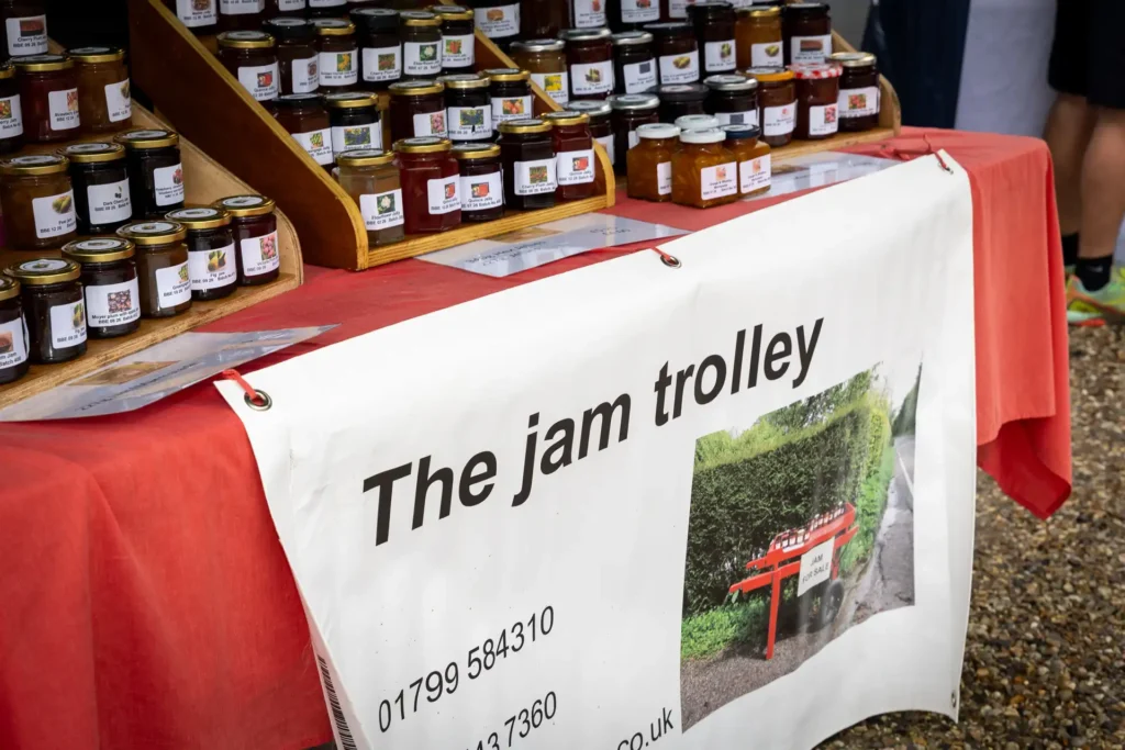 The Jam Trolley stall with jars of jams and preserves at the Ashdon Christmas Market